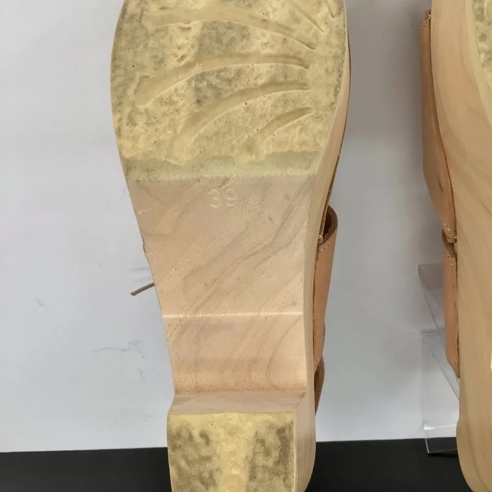 Loeffler Randall Beige Leather Open Toe Block Heel Clog Sandals Size 39 US 8.5